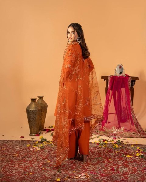 Majestic Orange Roman Chanderi Silk Top with Farshi Salwar and Embroidered Dupatta Ready To Wear Collection