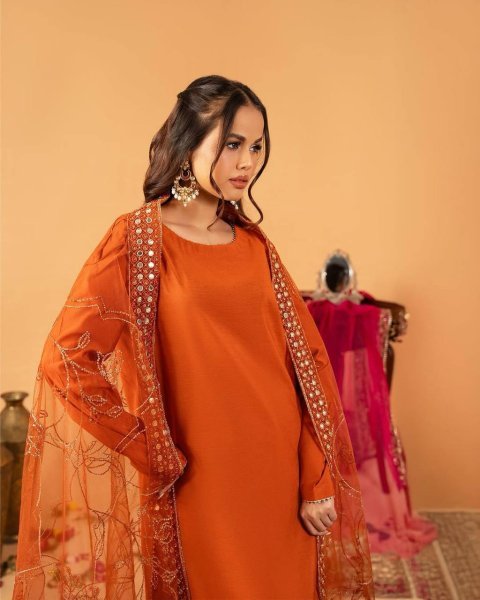 Majestic Orange Roman Chanderi Silk Top with Farshi Salwar and Embroidered Dupatta Ready To Wear Collection