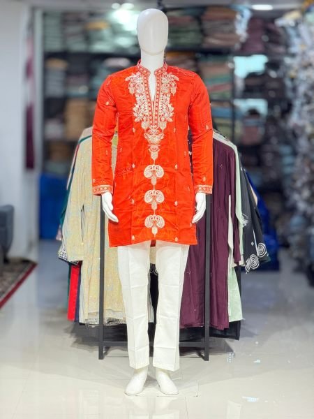 Majestic Orange Royal Style Men’s Embroidered Kurta with Cotton Bottom at Manufacturer  Mens Wear