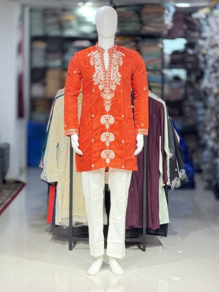 Majestic Orange Royal Style Men’s Embroidered Kurta with Cotton Bottom at Manufacturer  Kurta Pajama Wholesale
