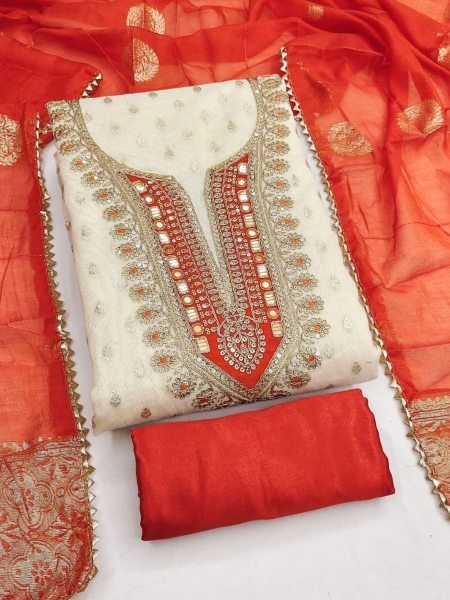 Majestic Orange Shimmer Silk Jacquard Booti Salwar Suit with Velvet Embroidery 