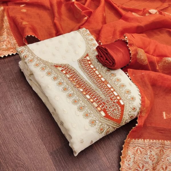 Majestic Orange Shimmer Silk Jacquard Booti Salwar Suit with Velvet Embroidery Color Set Matching Dress Material Wholesale