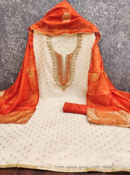 Majestic Orange Shimmer Silk Jacquard Booti Salwar Suit with Velvet Embroidery Color Set Matching Dress Material Wholesale