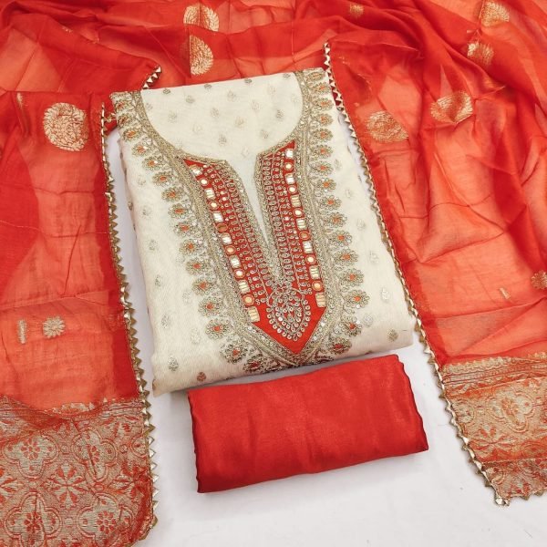 Majestic Orange Shimmer Silk Jacquard Booti Salwar Suit with Velvet Embroidery Color Set Matching Dress Material Wholesale