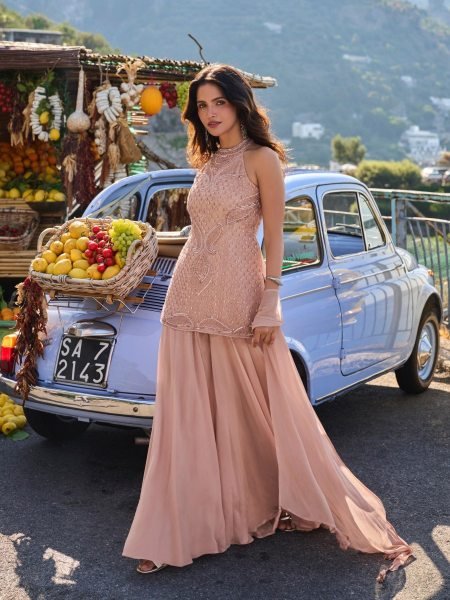 Majestic Peach Designer Real Georgette Spaghetti Top with Sharara and Dupatta 