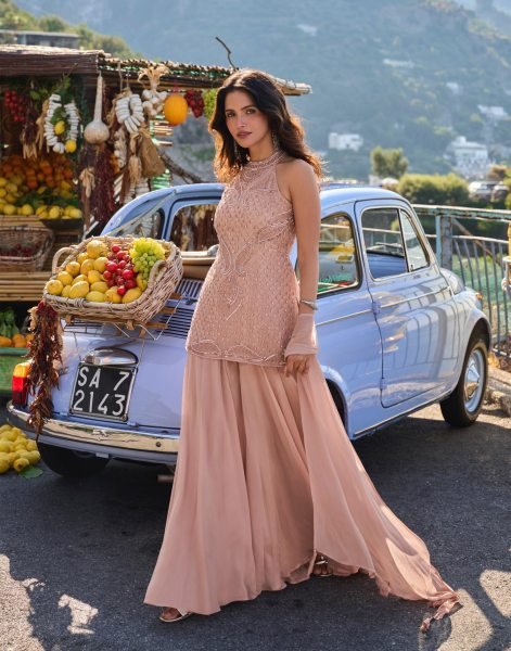 Majestic Peach Designer Real Georgette Spaghetti Top with Sharara and Dupatta Designer Plazzo Salwar Suits Wholesale