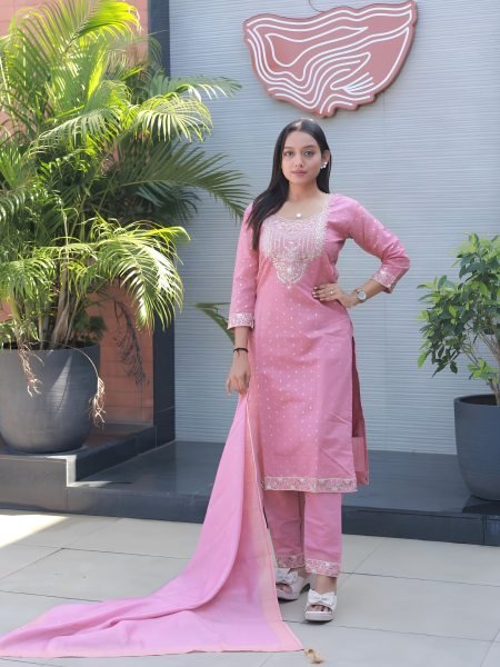 Majestic PInk Chanderi Cotton Kurti Pant Set with Digital Print Dupatta 