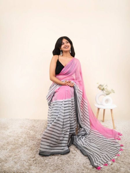 Majestic Pink Designer Linen Cotton Digital Printed Saree with Matching Blouse Linen Sarees Wholesale
