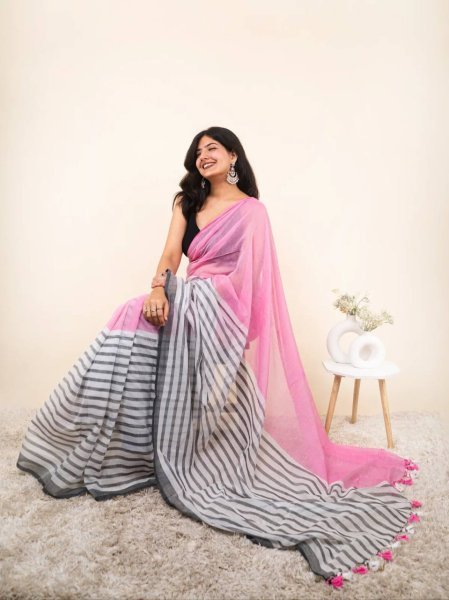 Majestic Pink Designer Linen Cotton Digital Printed Saree with Matching Blouse Linen Sarees Wholesale