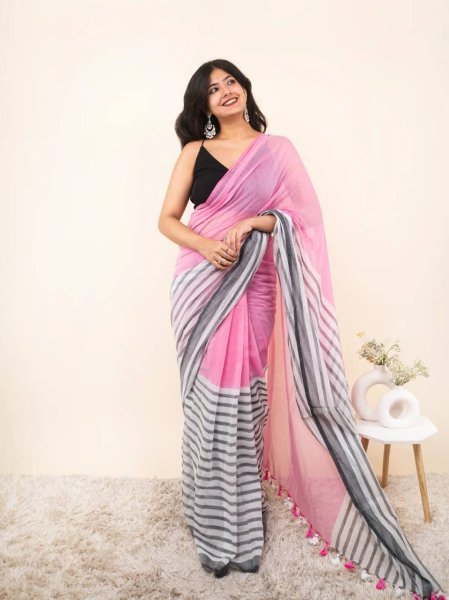 Majestic Pink Designer Linen Cotton Digital Printed Saree with Matching Blouse Linen Sarees Wholesale