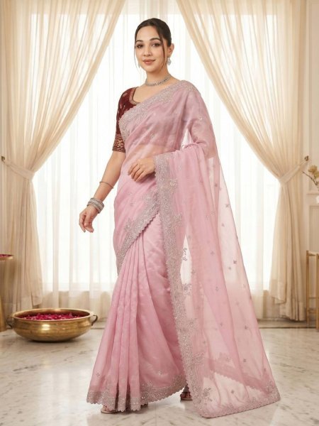 Majestic Pink Party Wear Pure Fandy Satin Saree with Embroidered C Pallu Design Sarees 