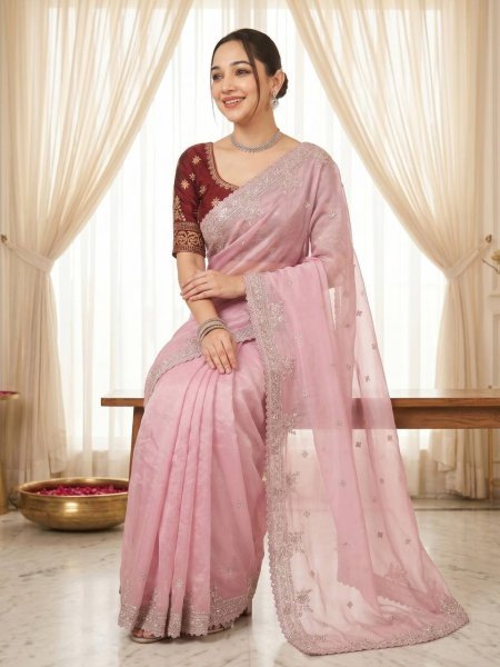 Majestic Pink Party Wear Pure Fandy Satin Saree with Embroidered C Pallu Design Embroidery Sarees Wholesale