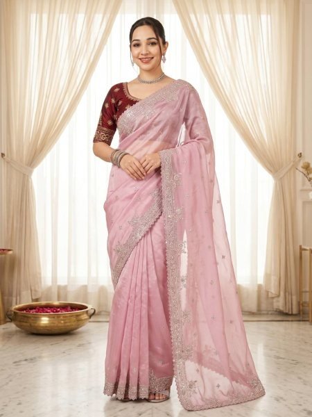 Majestic Pink Party Wear Pure Fandy Satin Saree with Embroidered C Pallu Design Embroidery Sarees Wholesale