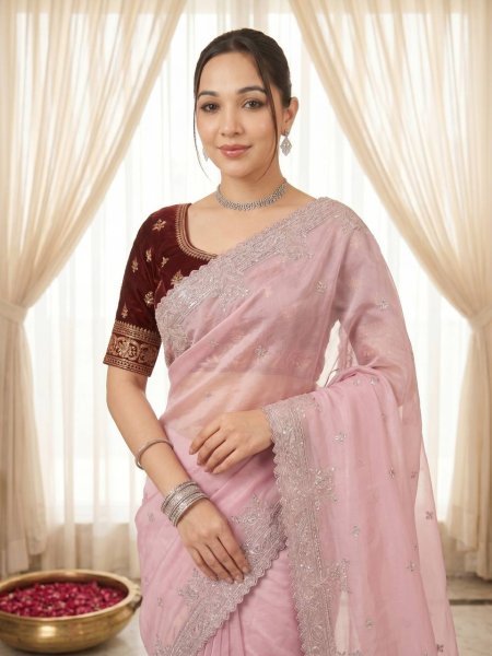 Majestic Pink Party Wear Pure Fandy Satin Saree with Embroidered C Pallu Design Embroidery Sarees Wholesale