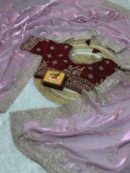 Majestic Pink Party Wear Pure Fandy Satin Saree with Embroidered C Pallu Design Embroidery Sarees Wholesale