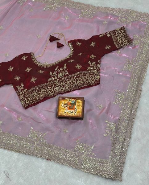 Majestic Pink Party Wear Pure Fandy Satin Saree with Embroidered C Pallu Design Embroidery Sarees Wholesale
