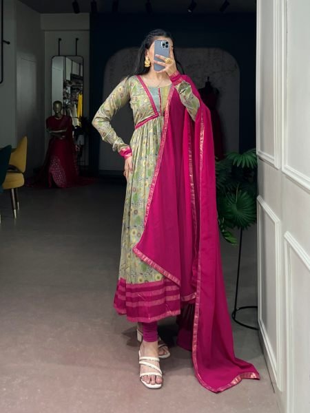 Majestic Pink Tasar Silk Floral Print Dress with Elegant Foil Work at Wholesale Rate 