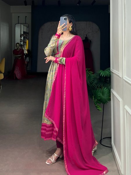 Majestic Pink Tasar Silk Floral Print Dress with Elegant Foil Work at Wholesale Rate Anarkali Kurtis 