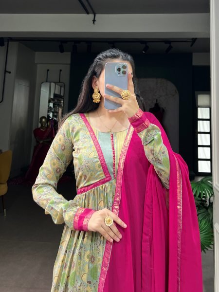 Majestic Pink Tasar Silk Floral Print Dress with Elegant Foil Work at Wholesale Rate Anarkali Kurtis 