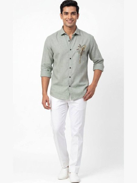 Majestic Pista Premium Linen Embroidered Men s Shirt for Casual and Festive Wear Mens Wear