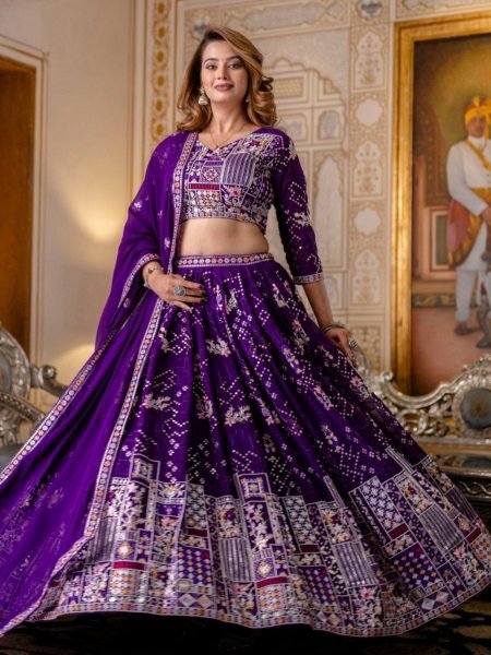 Majestic Purple Blooming Georgette Lehenga with Sequins Embroidery and Dupatta  Lehenga