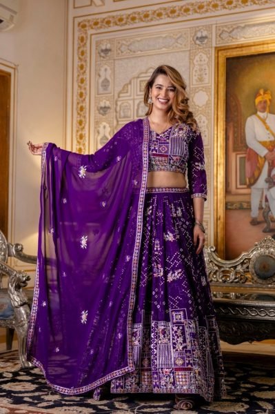 Majestic Purple Blooming Georgette Lehenga with Sequins Embroidery and Dupatta Bridal Lehenga Choli