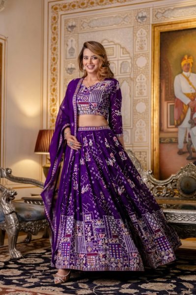 Majestic Purple Blooming Georgette Lehenga with Sequins Embroidery and Dupatta Bridal Lehenga Choli