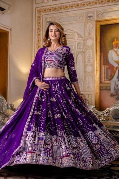 Majestic Purple Blooming Georgette Lehenga with Sequins Embroidery and Dupatta Bridal Lehenga Choli