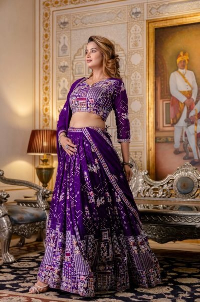 Majestic Purple Blooming Georgette Lehenga with Sequins Embroidery and Dupatta Bridal Lehenga Choli