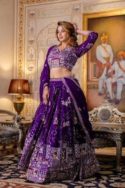 Majestic Purple Blooming Georgette Lehenga with Sequins Embroidery and Dupatta Bridal Lehenga Choli