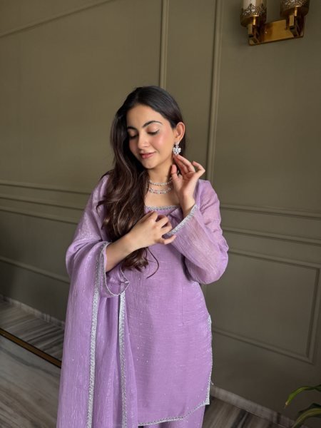 Majestic Purple Crunchy Silk Farshi Suit with Matching Embellished Dupatta for Function Ready To Wear Collection