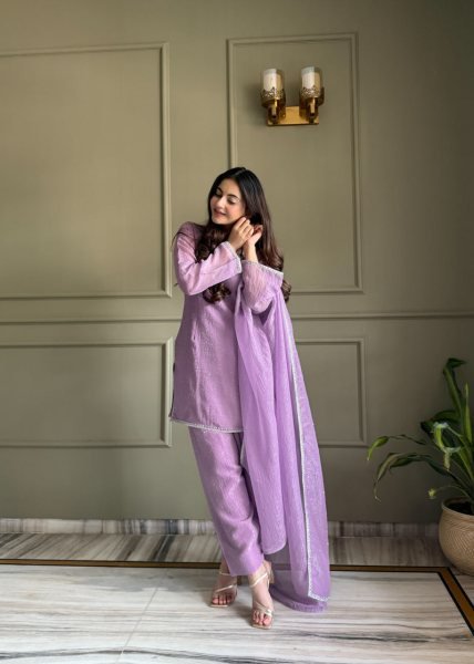 Majestic Purple Crunchy Silk Farshi Suit with Matching Embellished Dupatta for Function Ready To Wear Collection