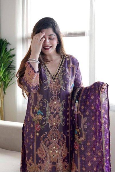 Majestic Purple Designer Silk Salwar Suit 3 Piece Ethnic Ensemble with Fancy Dupatta Set  Straight Cut Long Kurtis