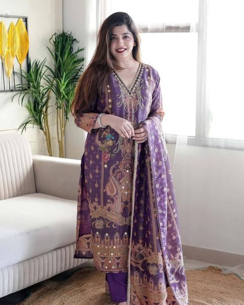 Majestic Purple Designer Silk Salwar Suit 3 Piece Ethnic Ensemble with Fancy Dupatta Set  Straight Cut Long Kurtis