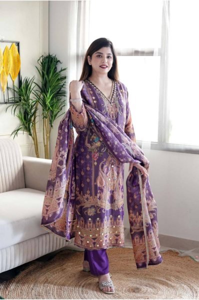 Majestic Purple Designer Silk Salwar Suit 3 Piece Ethnic Ensemble with Fancy Dupatta Set  Straight Cut Long Kurtis