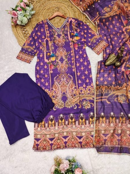 Majestic Purple Designer Silk Salwar Suit 3 Piece Ethnic Ensemble with Fancy Dupatta Set  Straight Cut Long Kurtis