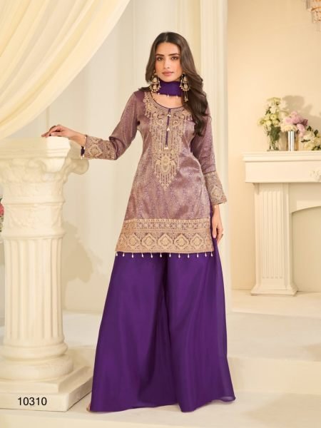 Majestic Purple Heavy Jacquard Silk Embroidery Beads Work Kurti Set with Fancy Dupatta Salwar Kameez