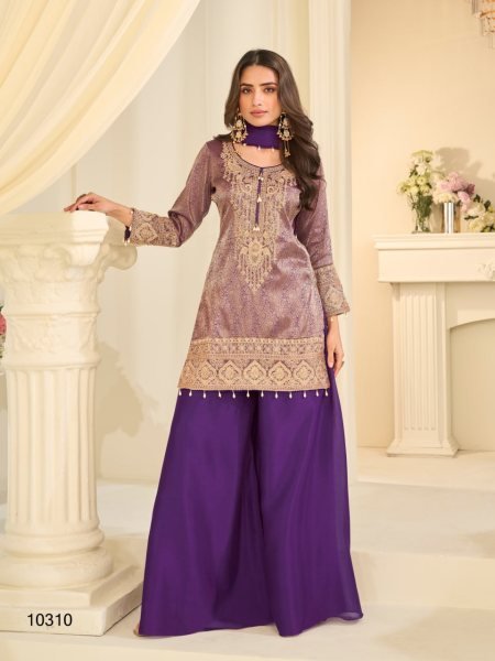 Majestic Purple Heavy Jacquard Silk Embroidery Beads Work Kurti Set with Fancy Dupatta Designer Plazzo Salwar Suits Wholesale