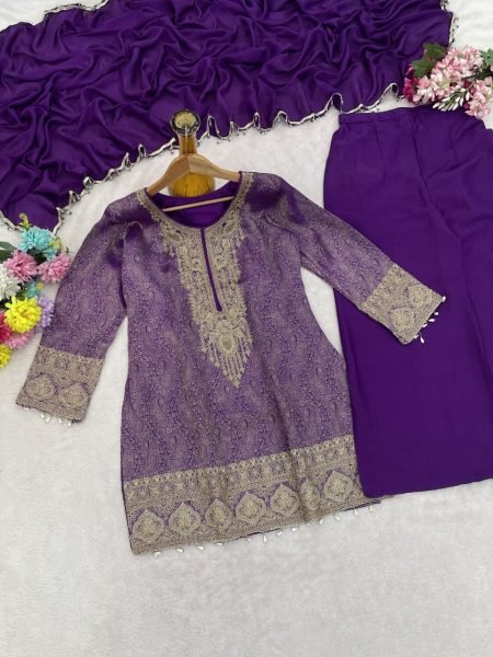 Majestic Purple Heavy Jacquard Silk Embroidery Beads Work Kurti Set with Fancy Dupatta Designer Plazzo Salwar Suits Wholesale