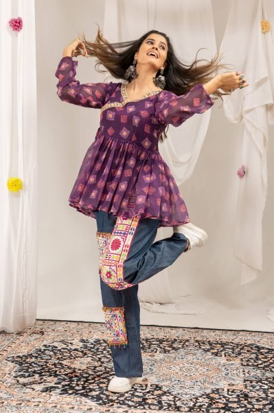 Majestic Purple Printed Kediya with Real Mirror Lace and High Waist Denim Jeans Tunics kurti