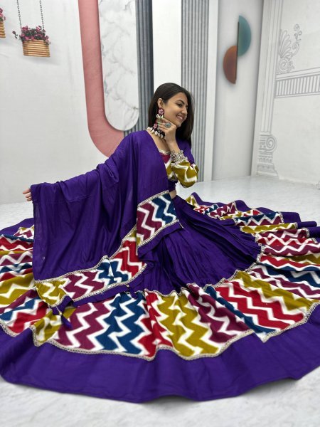 Majestic Purple Pure Cotton Lehenga Choli with 6 Meter Flair Perfect for Garba Nights Navratri Lehnega Choli