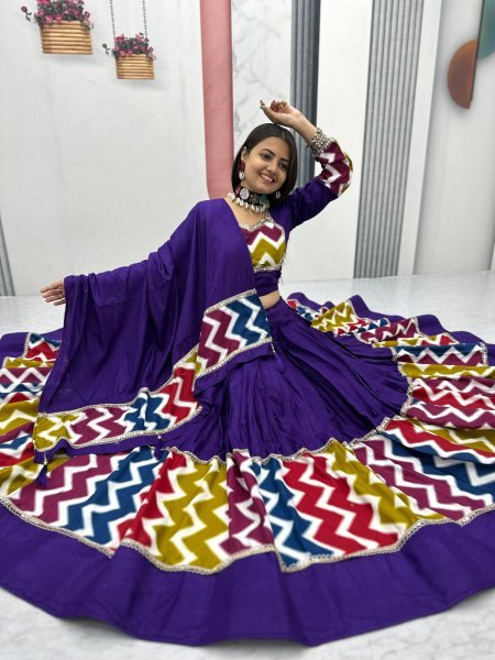 Majestic Purple Pure Cotton Lehenga Choli with 6 Meter Flair Perfect for Garba Nights Navratri Lehnega Choli