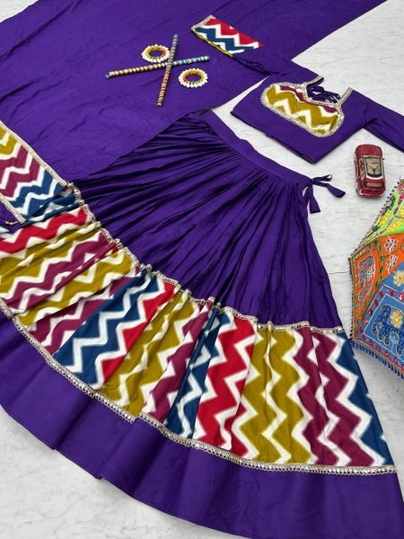 Majestic Purple Pure Cotton Lehenga Choli with 6 Meter Flair Perfect for Garba Nights Navratri Lehnega Choli