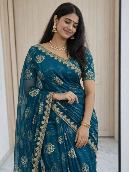 Majestic Rama Lightweight Georgette Saree for Wedding and Party Collection Sarees 