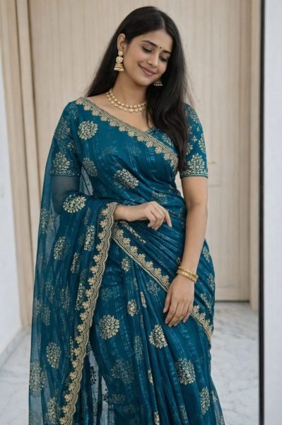Majestic Rama Lightweight Georgette Saree for Wedding and Party Collection Embroidery Sarees Wholesale