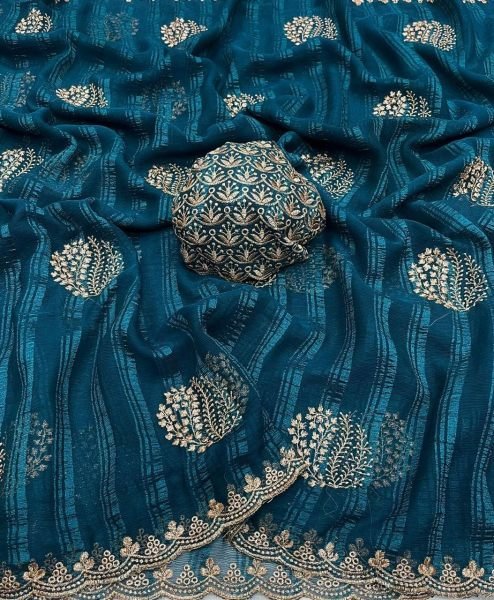 Majestic Rama Lightweight Georgette Saree for Wedding and Party Collection Embroidery Sarees Wholesale