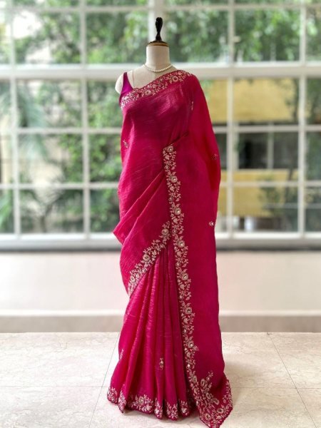 Majestic Rani Pink Soft Gold Crush Saree with Embroidered Banglory Silk Blouse Sarees 