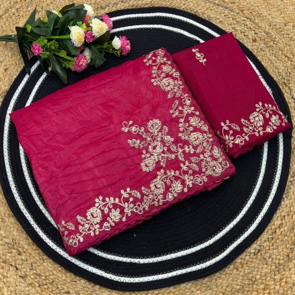 Majestic Rani Pink Soft Gold Crush Saree with Embroidered Banglory Silk Blouse Embroidery Sarees Wholesale