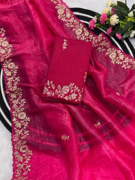 Majestic Rani Pink Soft Gold Crush Saree with Embroidered Banglory Silk Blouse Embroidery Sarees Wholesale