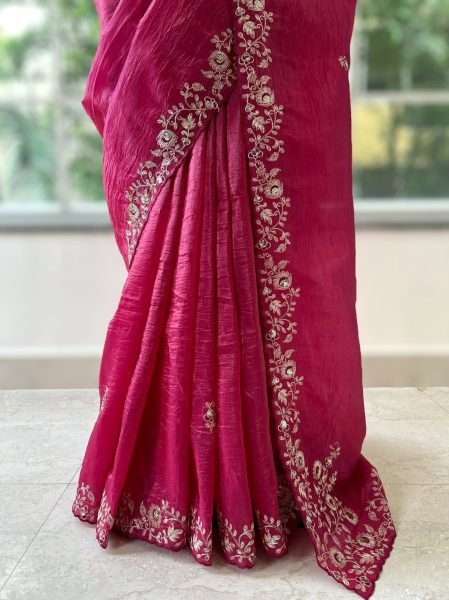Majestic Rani Pink Soft Gold Crush Saree with Embroidered Banglory Silk Blouse Embroidery Sarees Wholesale